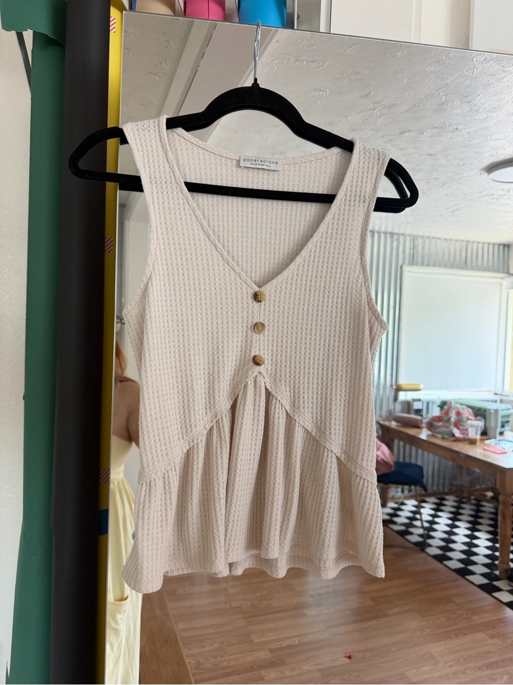 Paper Crane Cream Waffle Knit V-Neck Tank with Wooden Buttons